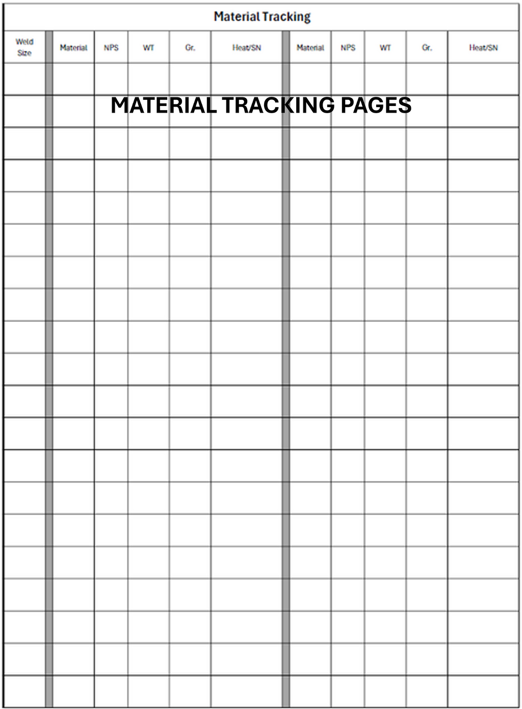 Material tracking pages: material type, NPS, WT, grade, heat number