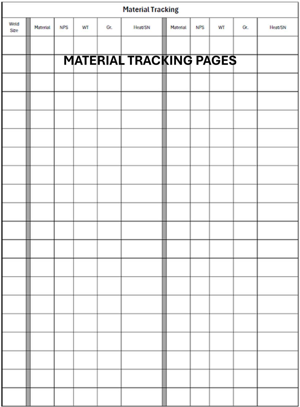 Material tracking pages: material type, NPS, WT, grade, heat number